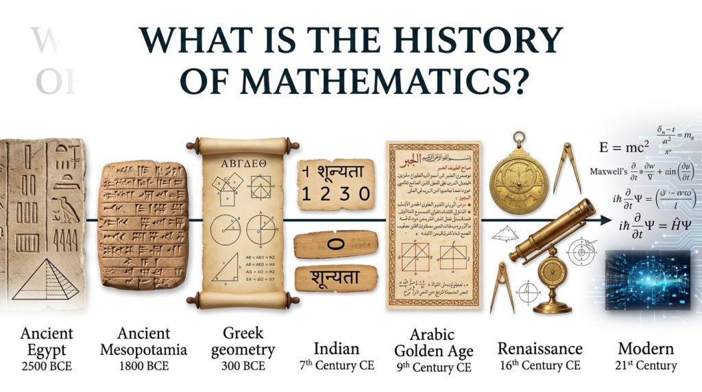 A timeline depicting the history of mathematics on a white background, featuring ancient Egyptian hieroglyphs, Babylonian clay tablets, Greek geometric figures, the Indian numeral zero, manuscripts from the Islamic Golden Age, tools from the Enlightenment, and equations from modern physics.